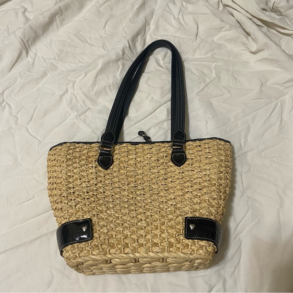 Brighton Tan and Black Woven Tote Bag with Leather Accents